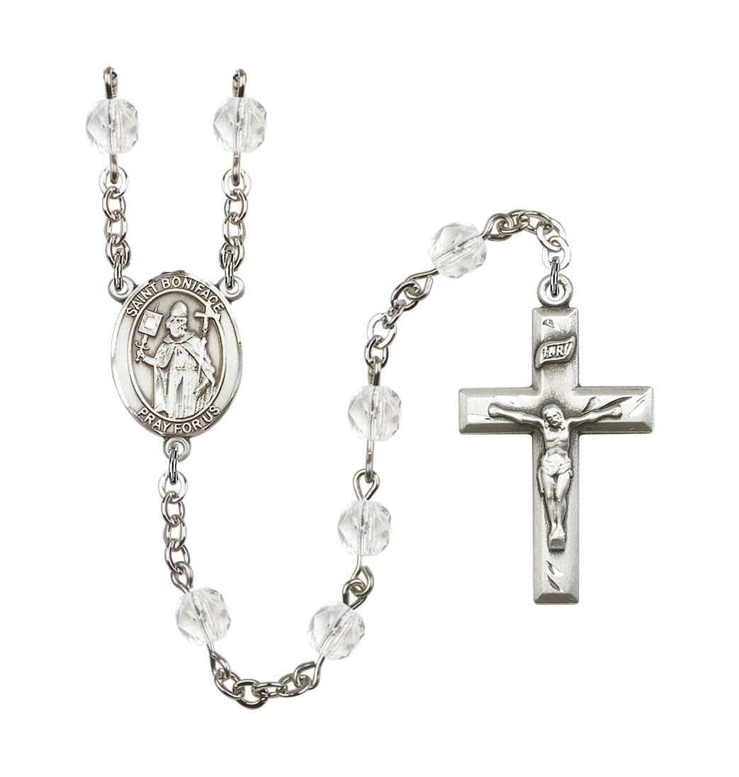 Bliss St Boniface Birthstone April Fire Polished Silver-Plated Rosary,