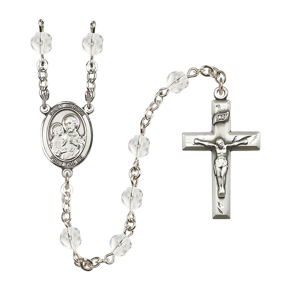 St. Joseph Rosary with Pewter Small Crucifix and Centerpiece, Birthstone 6mm Fire Polished Clear Crystal Beads for April