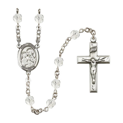 St. Joseph Rosary with Pewter Small Crucifix and Centerpiece, Birthstone 6mm Fire Polished Clear Crystal Beads for April
