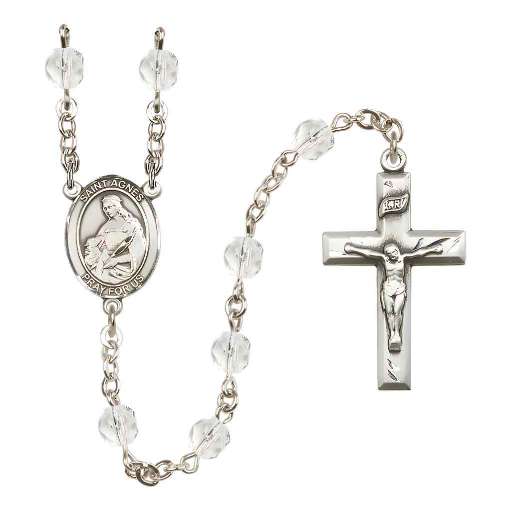 St. Agnes of Rome Rosary with Pewter Small Crucifix and Centerpiece, Birthstone 6mm Fire Polished Clear Crystal Beads for April