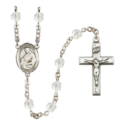 St. Agnes of Rome Rosary with Pewter Small Crucifix and Centerpiece, Birthstone 6mm Fire Polished Clear Crystal Beads for April