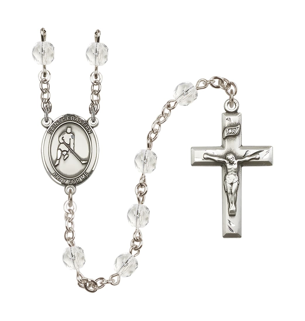 Bliss St Sebastian Ice Hockey 6mm Fire Polished Rosary in Crystal,