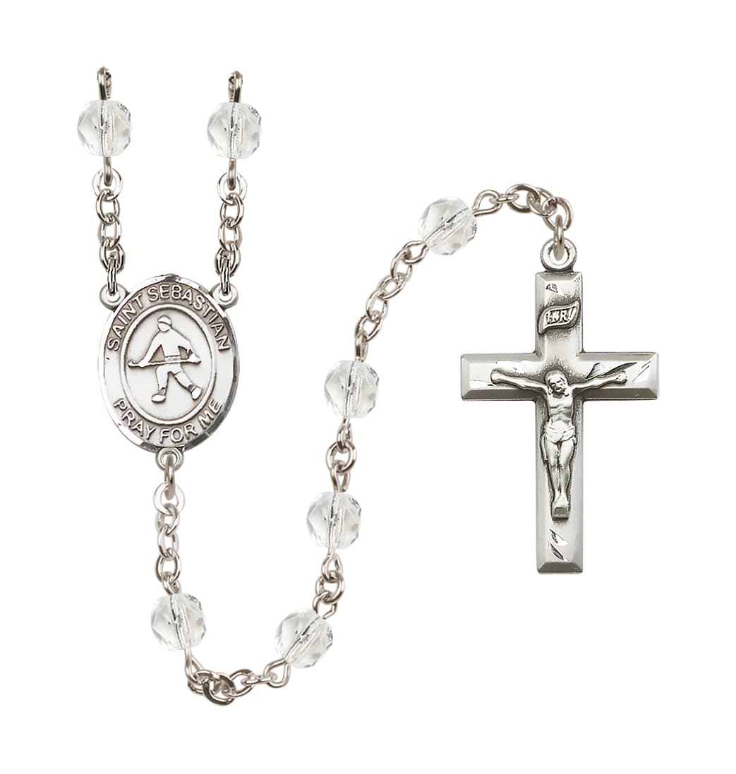 Bliss Silver Plated 6mm Fire Polished Saint Sebastian/Field Hockey Rosary in Crystal,