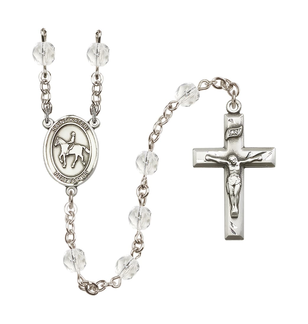 Bliss April/Crystal Birthstone St Kateri Equestrian 6mm Fire Polished Rosary,