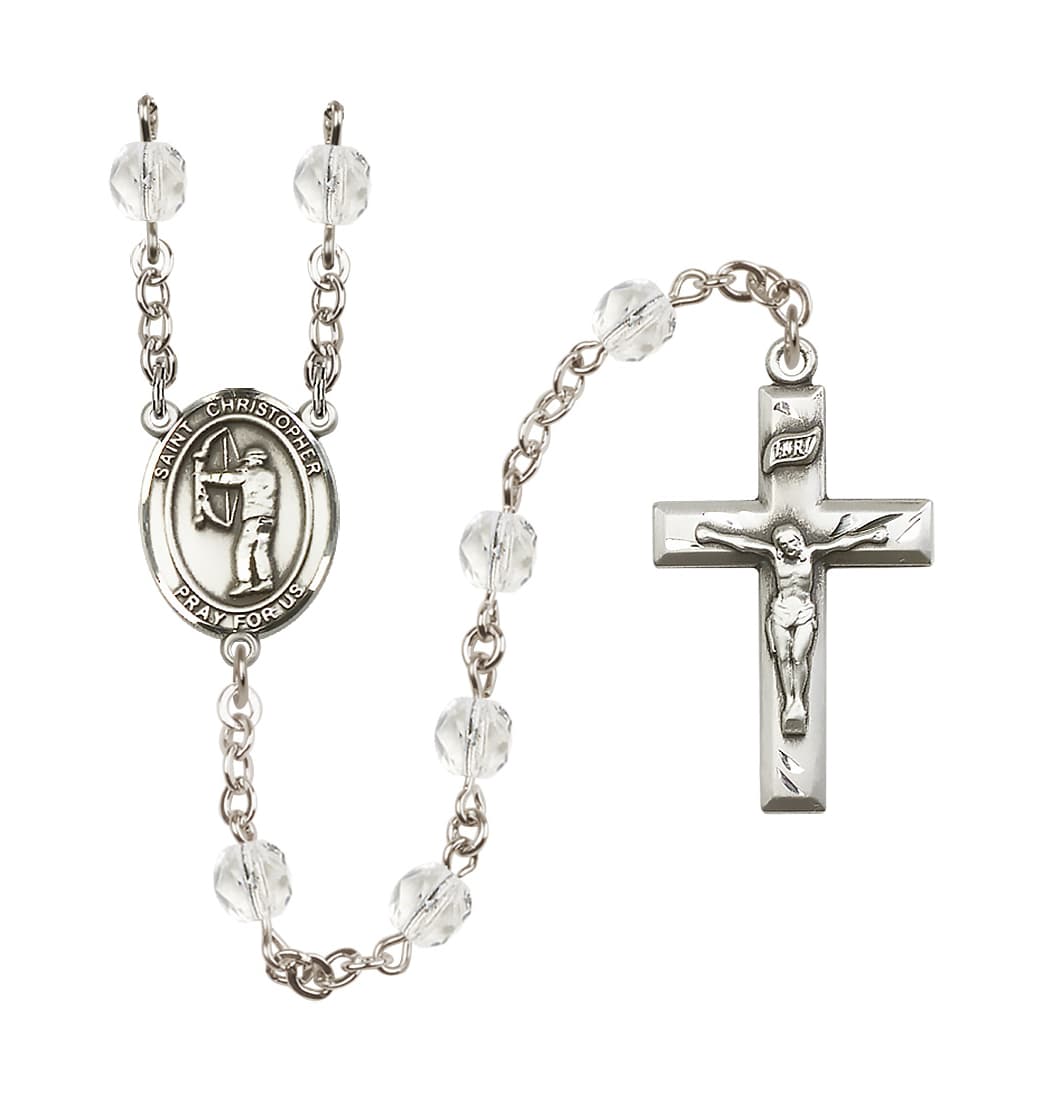 Bliss April/Crystal St Christopher Archery 6mm Fire Polished Birthstone Rosary,