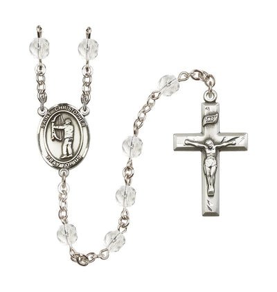 April/Crystal St Christopher Archery 6mm Fire Polished Birthstone Rosary, Bliss Manufacturing