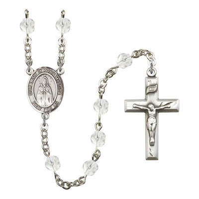 Our Lady of Rosa Mystica Rosary with Pewter Small Crucifix and Centerpiece, Birthstone 6mm Fire Polished Clear Crystal Beads for April