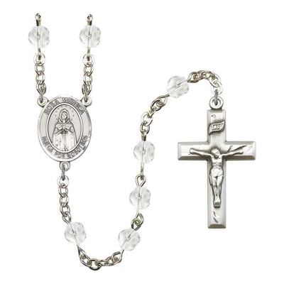Spanish Rosa Mystica Rosary with Pewter Small Crucifix and Centerpiece, Birthstone 6mm Fire Polished Clear Crystal Beads for April
