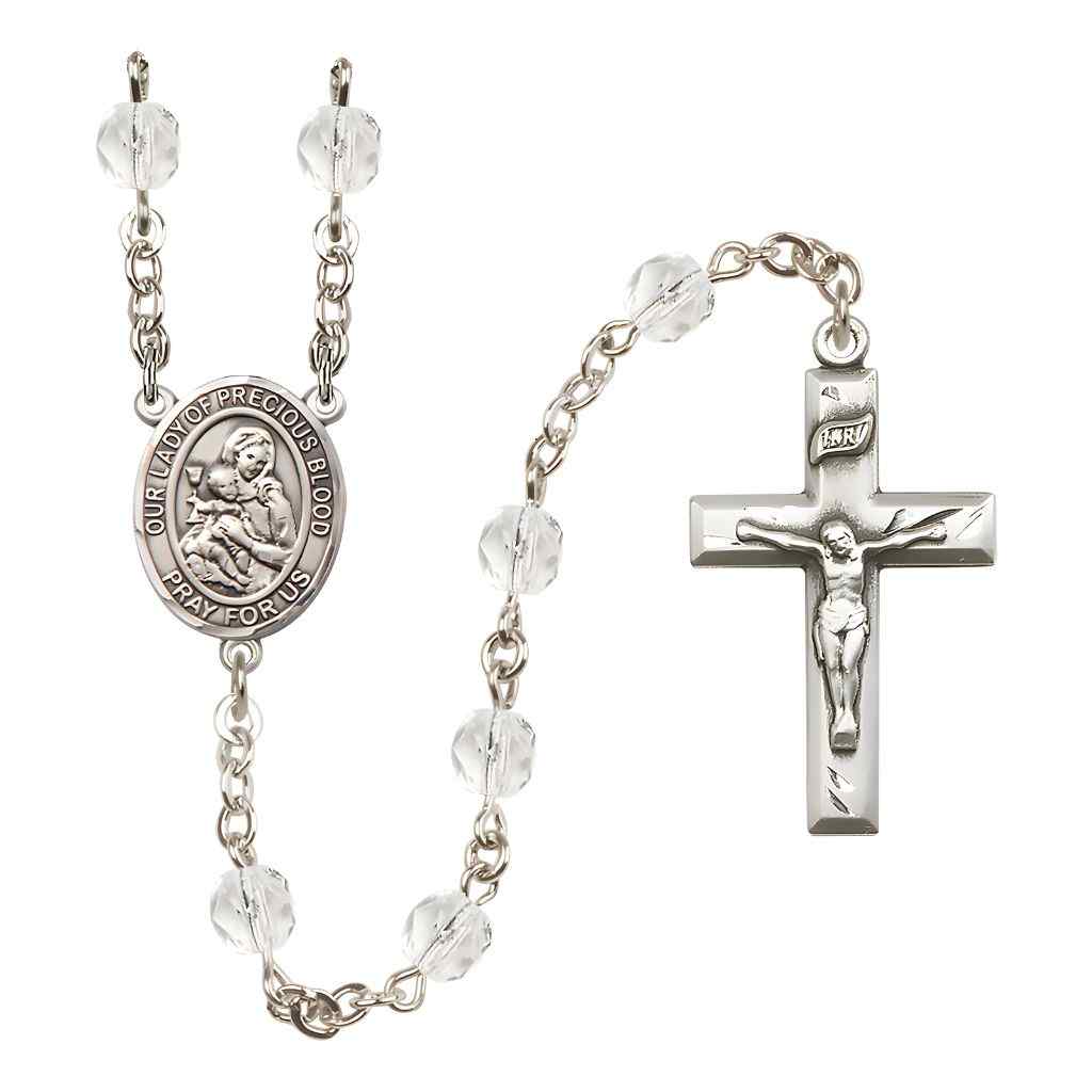 Our Lady of the Precious Blood Rosary with Pewter Small Crucifix and Centerpiece, Birthstone 6mm Fire Polished Clear Crystal Beads for April
