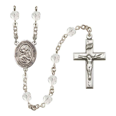 Our Lady of the Precious Blood Rosary with Pewter Small Crucifix and Centerpiece, Birthstone 6mm Fire Polished Clear Crystal Beads for April