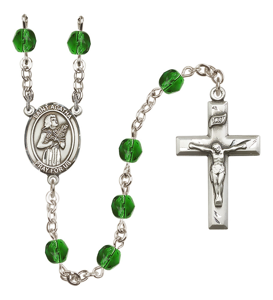 Bliss Small Child's St Agnes of Rome Birthstone Fire Polished Crystal Rosary in Emerald,