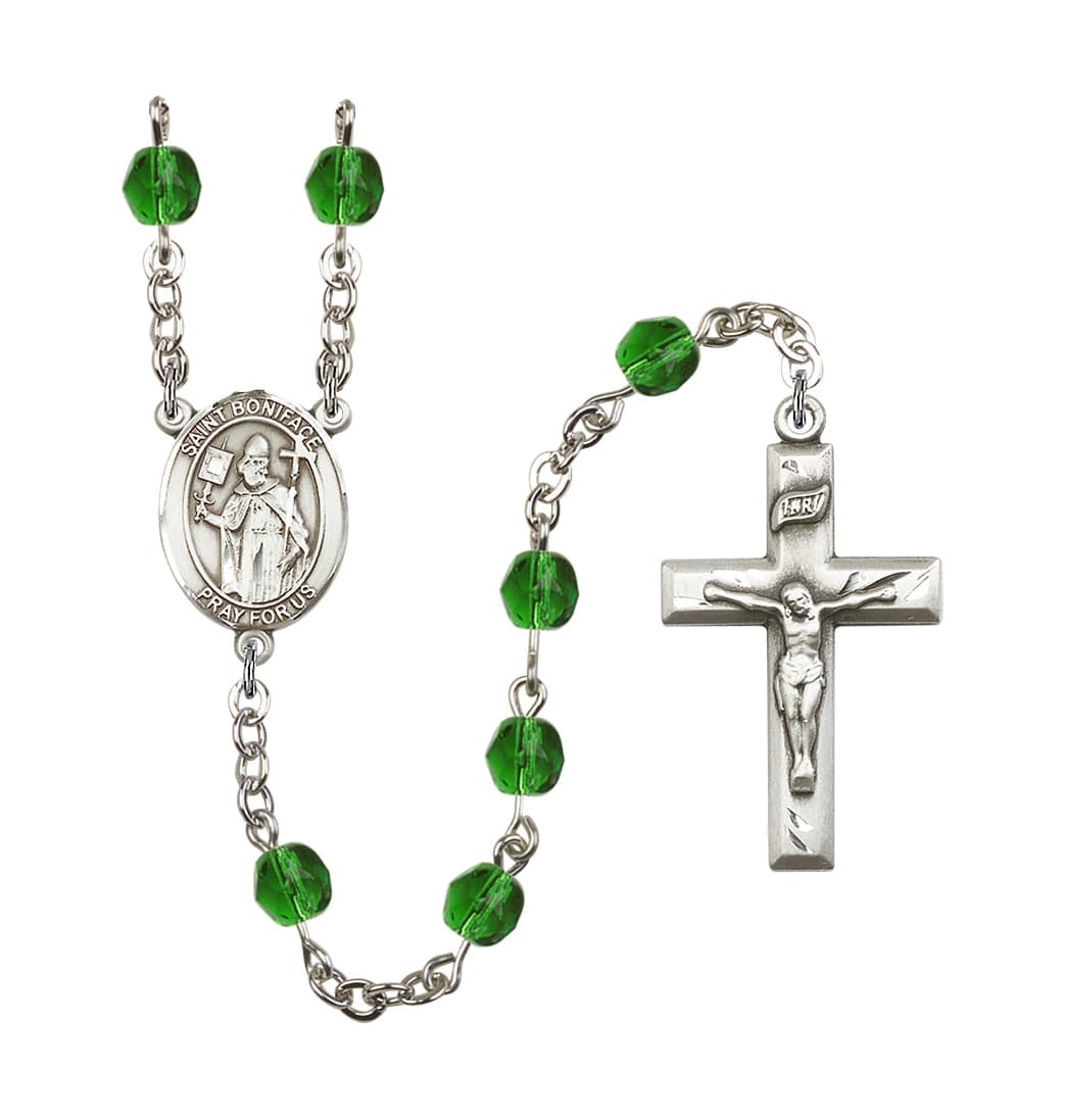 Bliss St Boniface Birthstone Emerald May Fire Polished Silver-Plated Rosary,