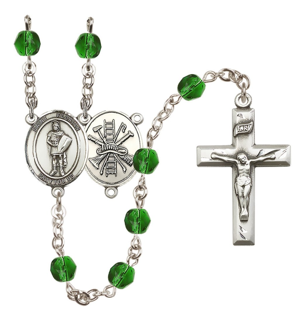 Bliss St Florian Firefighter Center Fire Polished Birthstone Rosary,Birthstone May Emerald,