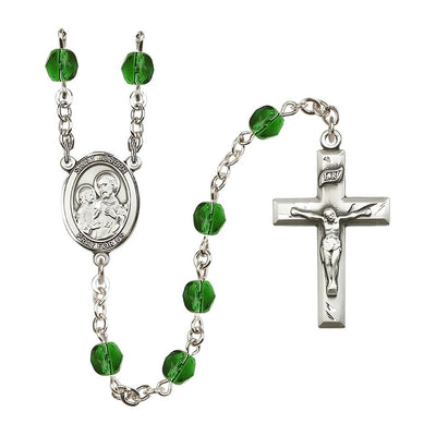 St. Joseph Rosary with Pewter Small Crucifix and Centerpiece, Birthstone 6mm Fire Polished Emerald Beads for May
