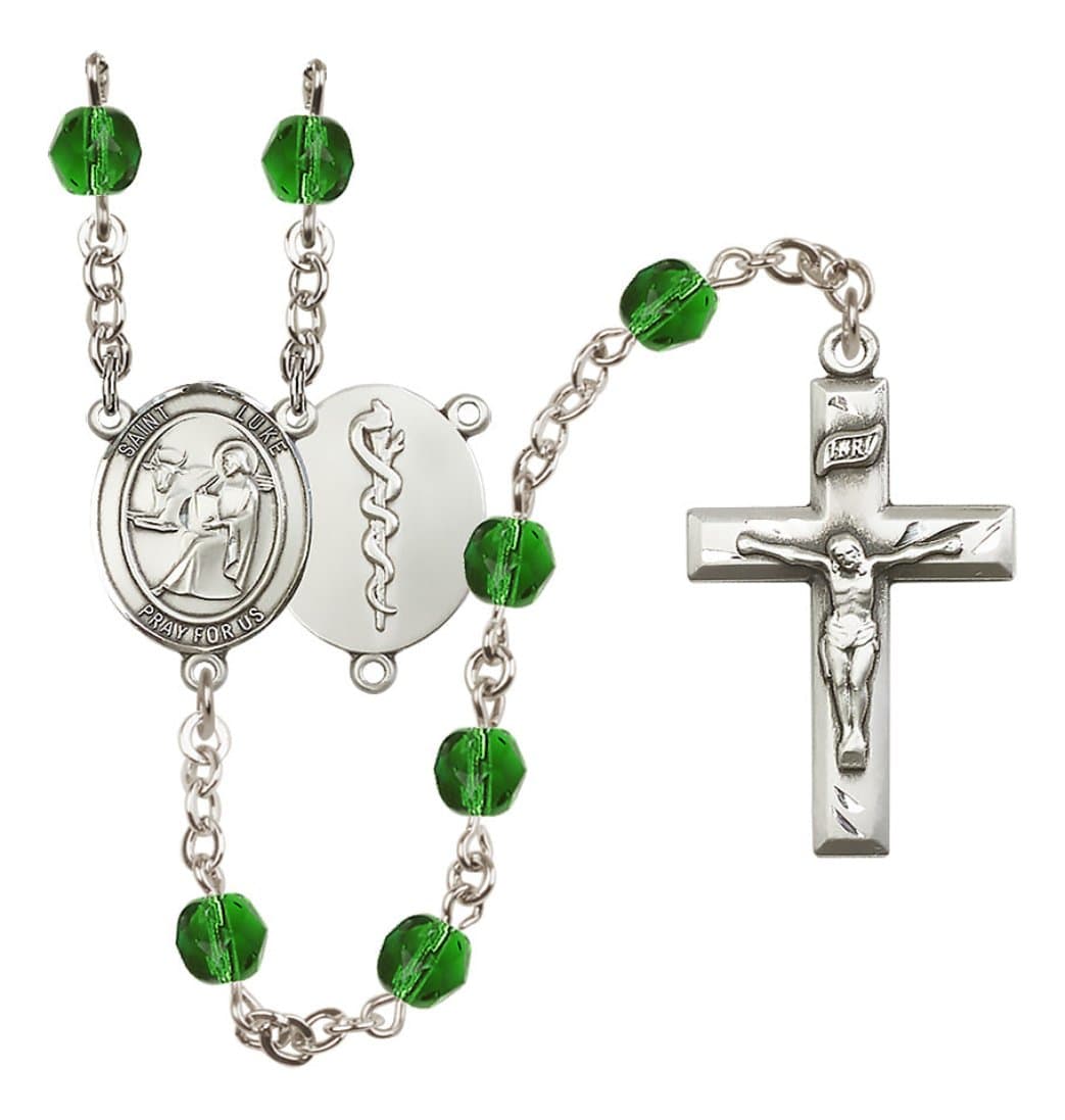 Bliss Silver Plated 6mm Fire Polished Saint Luke the Apostle / Doctor Rosary in Emerald,