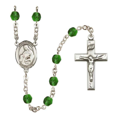 St. Agnes of Rome Rosary with Pewter Small Crucifix and Centerpiece, Birthstone 6mm Fire Polished Emerald Beads for May