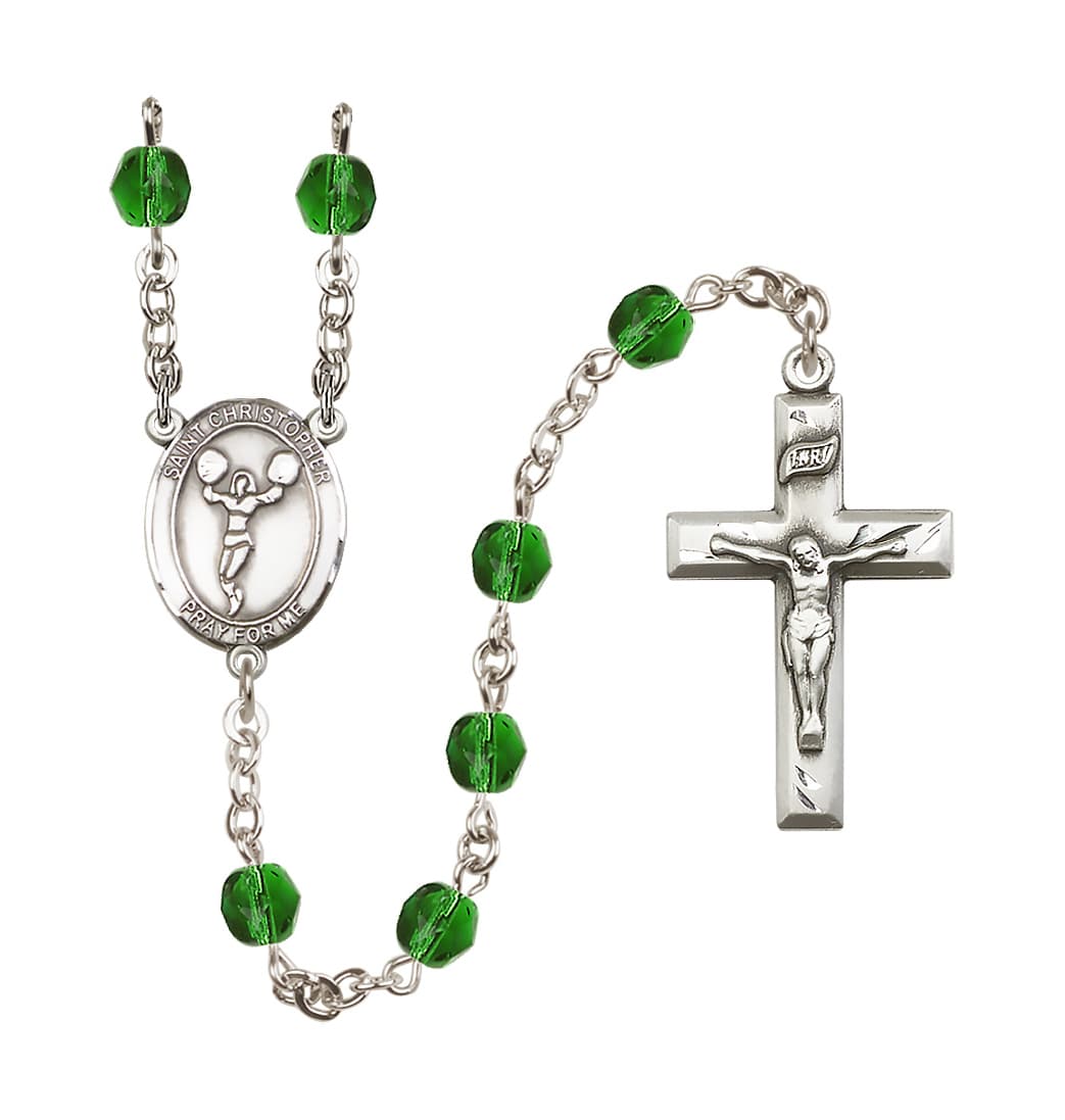 Bliss St Christopher Cheerleading 6mm Fire Polished Rosary in Emerald Crystal,