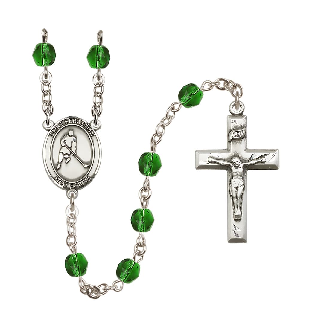 Bliss St Sebastian Ice Hockey 6mm Fire Polished Rosary in Emerald,