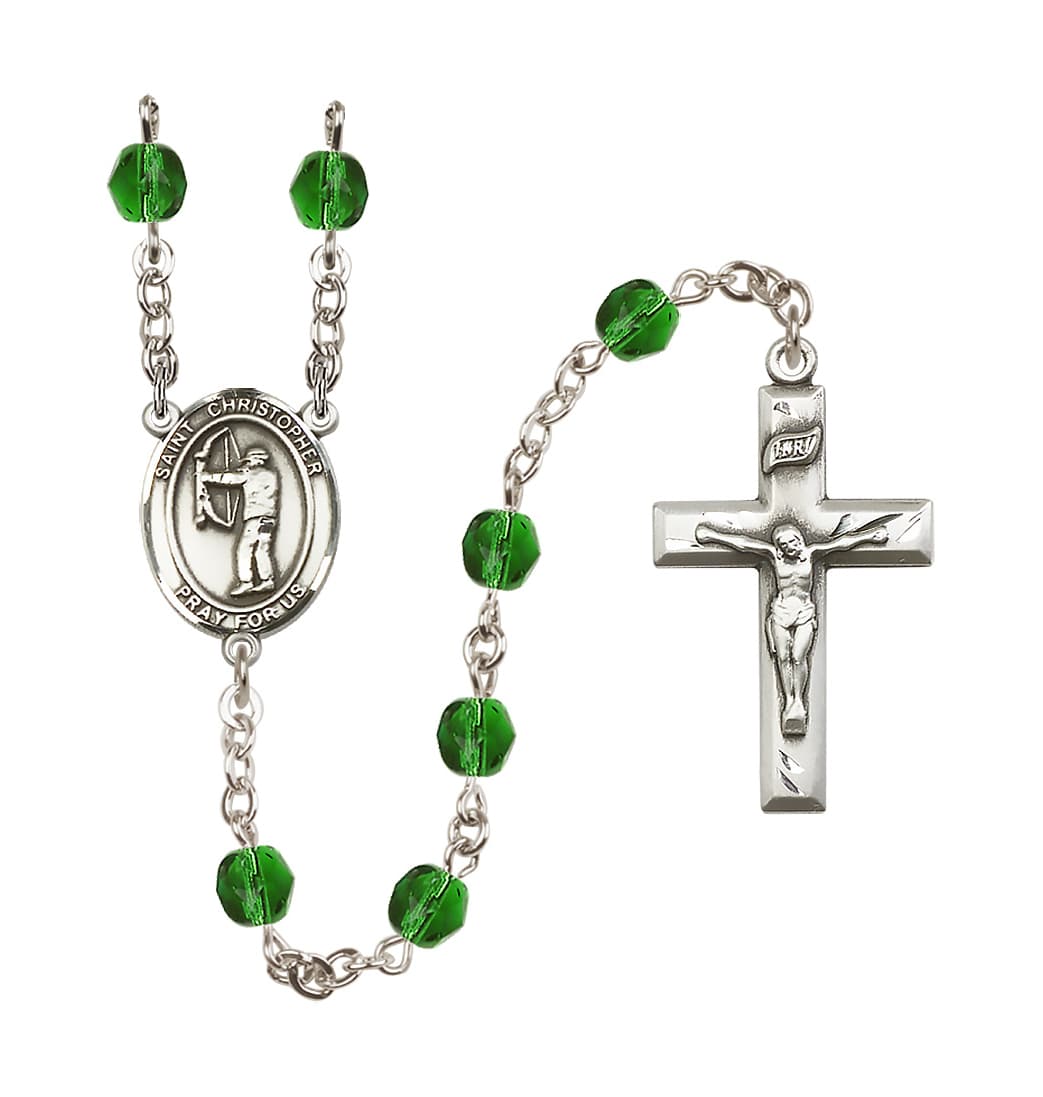 Bliss May/Emerald St Christopher Archery 6mm Fire Polished Birthstone Rosary,