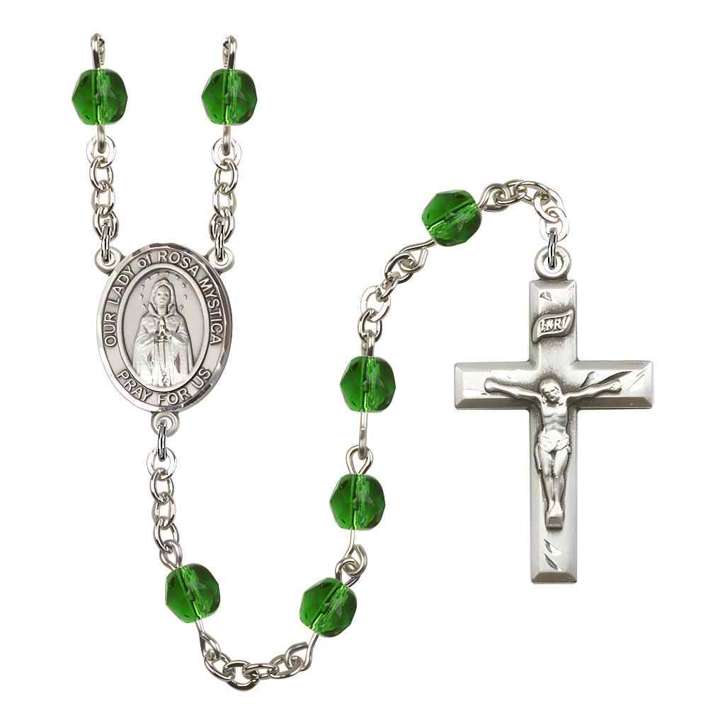 Our Lady of Rosa Mystica Rosary with Pewter Small Crucifix and Centerpiece, Birthstone 6mm Fire Polished Emerald Beads for May