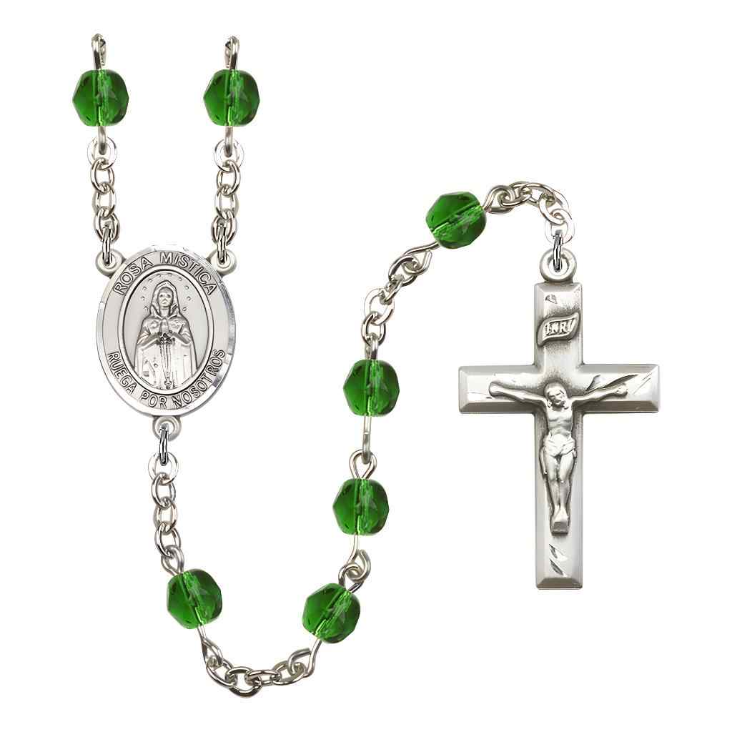 Spanish Rosa Mystica Rosary with Pewter Small Crucifix and Centerpiece, Birthstone 6mm Fire Polished Emerald Beads for May