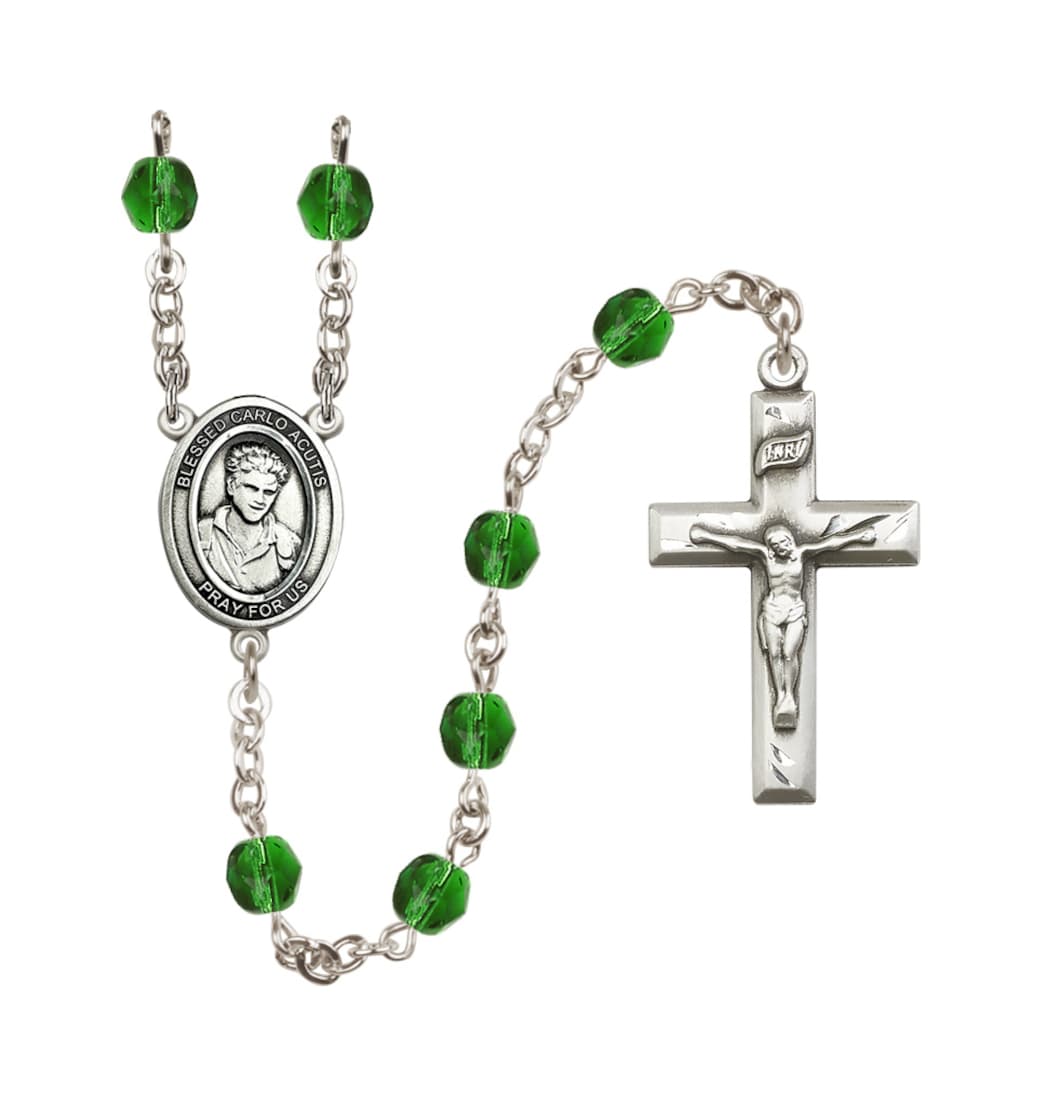 Bliss Child's Blessed Carlo Acutis Birthstone Crystal Rosary,Emerald/May,