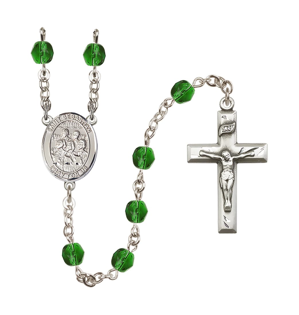 Bliss St Sebastian Choir 6mm Fire Polished May Emerald Birthstone Rosary,