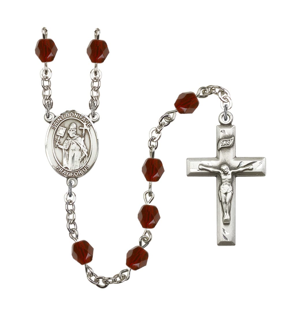 Bliss St Boniface Birthstone January-Garnet Fire Polished Silver-Plated Rosary,