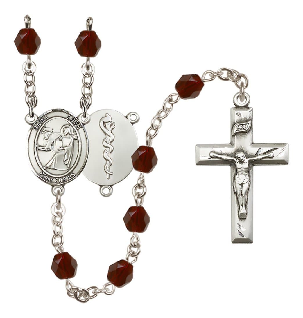 Bliss Silver Plated 6mm Fire Polished Saint Luke the Apostle / Doctor Rosary in Garnet,