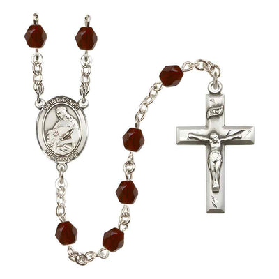 St. Agnes of Rome Rosary with Pewter Small Crucifix and Centerpiece, Birthstone 6mm Fire Polished Garnet Beads for January