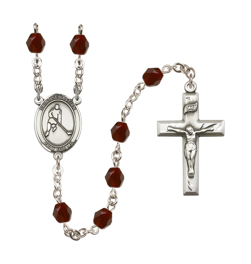 Bliss St Sebastian Ice Hockey 6mm Fire Polished Rosary in Garnet,