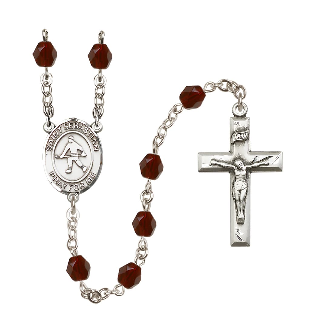 Bliss Silver Plated 6mm Fire Polished Saint Sebastian/Field Hockey Rosary in Garnet,