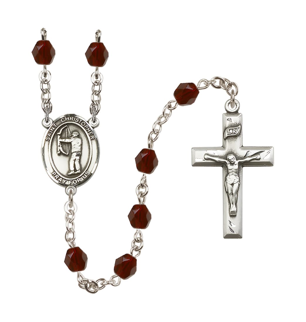 Bliss Jan/Garnet St Christopher Archery 6mm Fire Polished Birthstone Rosary,