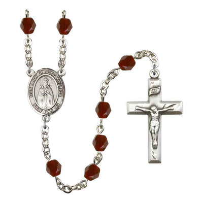 Our Lady of Rosa Mystica Rosary with Pewter Small Crucifix and Centerpiece, Birthstone 6mm Fire Polished Garnet Beads for January