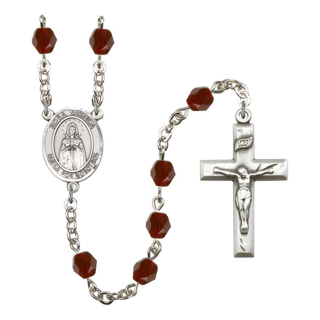 Spanish Rosa Mystica Rosary with Pewter Small Crucifix and Centerpiece, Birthstone 6mm Fire Polished Garnet Beads for January