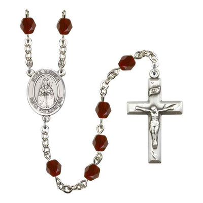Spanish Rosa Mystica Rosary with Pewter Small Crucifix and Centerpiece, Birthstone 6mm Fire Polished Garnet Beads for January