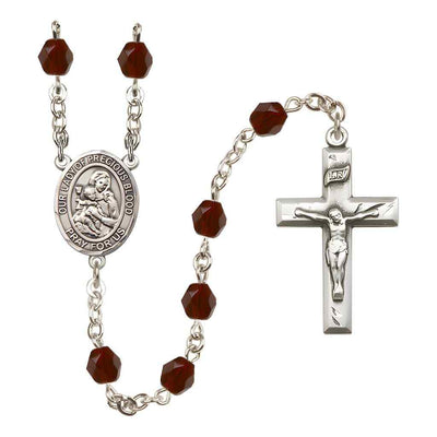 Our Lady of the Precious Blood Rosary with Pewter Small Crucifix and Centerpiece, Birthstone 6mm Fire Polished Garnet Beads for January