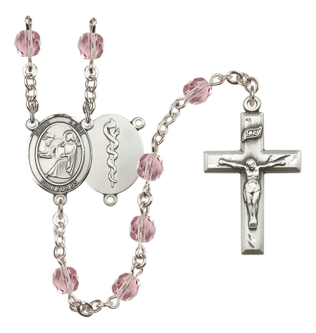 Bliss Silver Plated 6mm Fire Polished Saint Luke the Apostle / Doctor Rosary in Light Amethyst,