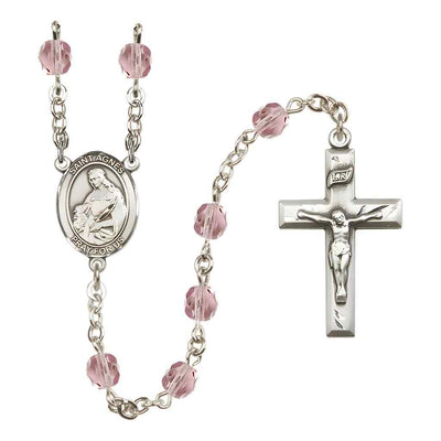 St. Agnes of Rome Rosary with Pewter Small Crucifix and Centerpiece, Birthstone 6mm Fire Polished Light Amethyst Beads for June