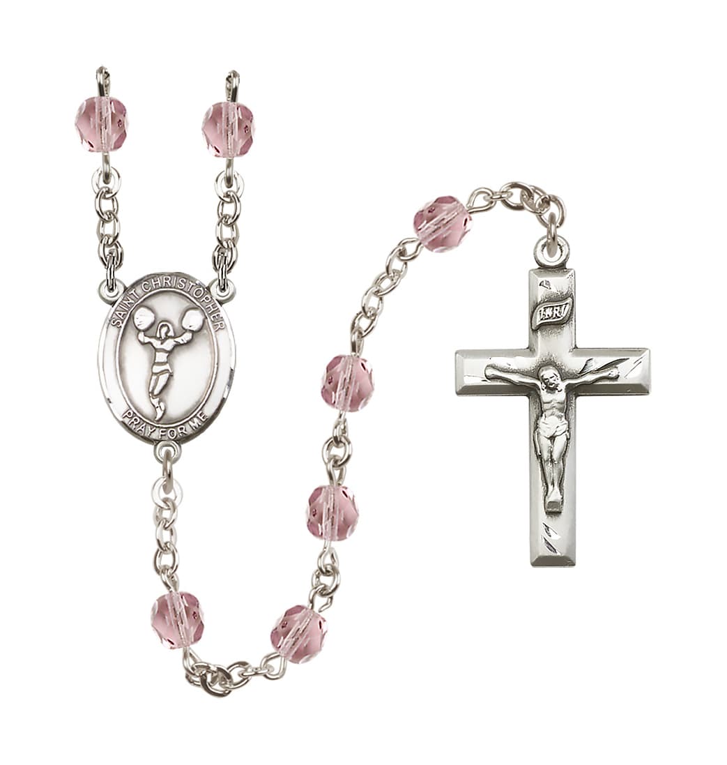 Bliss St Christopher Cheerleading 6mm Fire Polished Rosary in Amethyst Crystal,