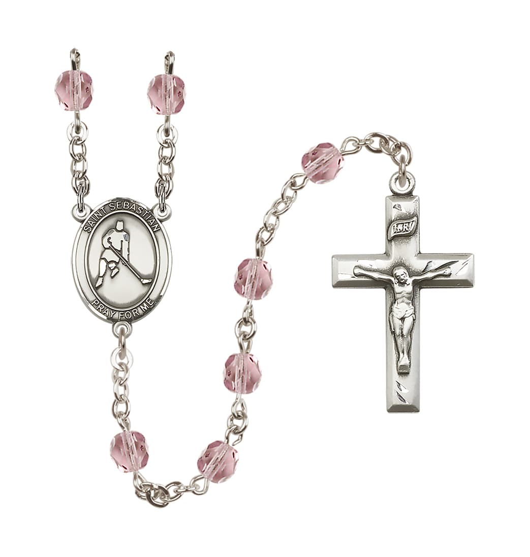 Bliss St Sebastian Ice Hockey 6mm Fire Polished Rosary in light Amethyst,