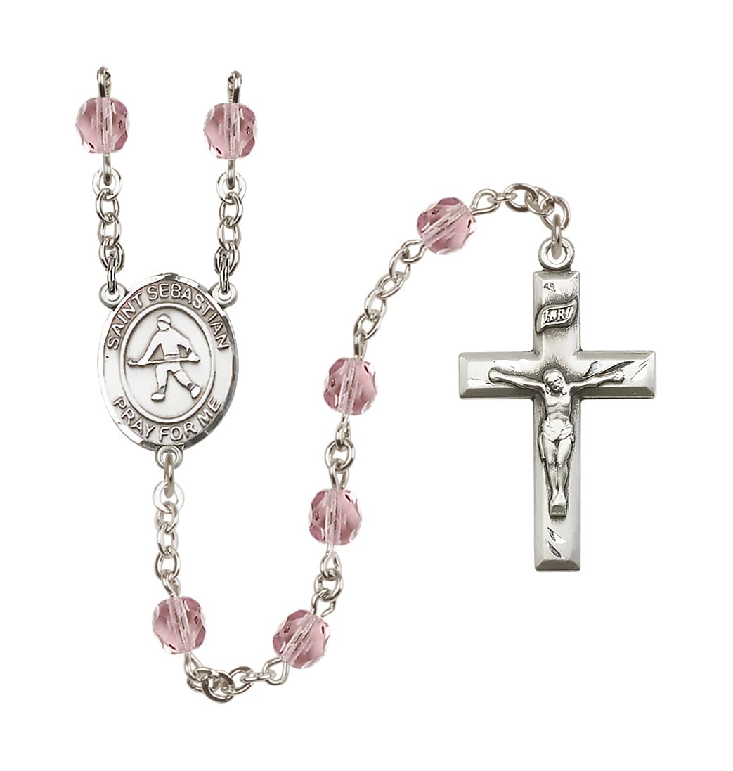 Bliss Silver Plated 6mm Fire Polished Saint Sebastian/Field Hockey Rosary in Light Amethyst,