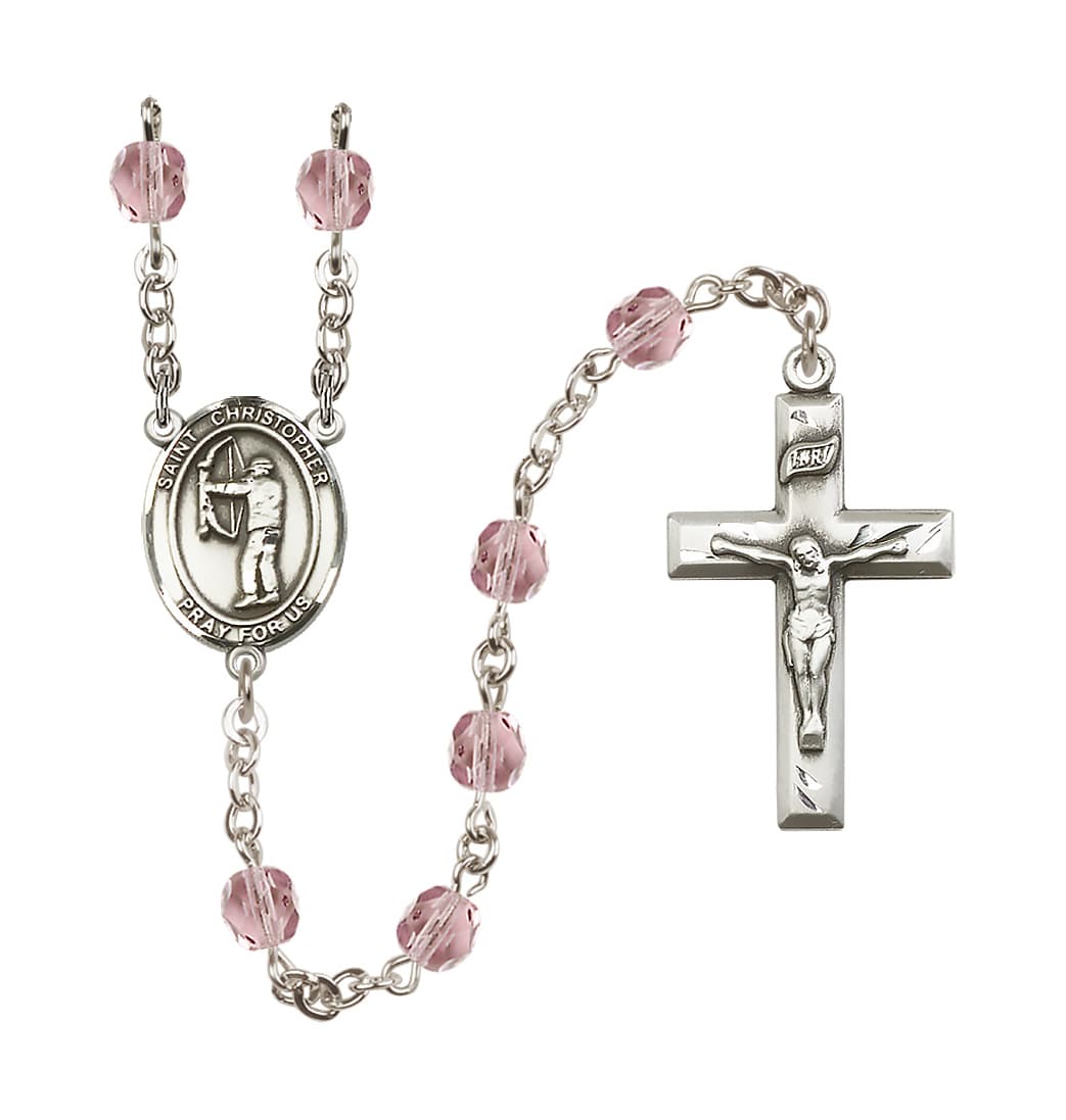 Bliss June/Light Amethyst St Christopher Archery 6mm Fire Polished Birthstone Rosary,