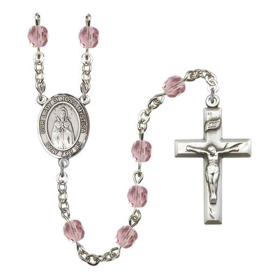 Our Lady of Rosa Mystica Rosary with Pewter Small Crucifix and Centerpiece, Birthstone 6mm Fire Polished Light Amethyst Beads for June