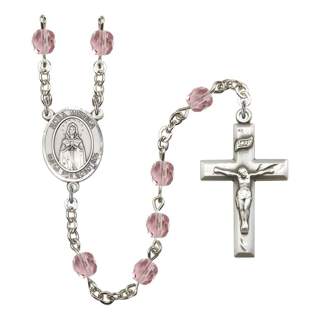 Spanish Rosa Mystica Rosary with 14kt Gold Traditional Crucifix and Centerpiece, Birthstone 6mm Austrian Crystal Light Amethyst Beads for June
