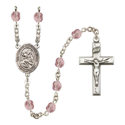 Our Lady of the Precious Blood Rosary with Pewter Small Crucifix and Centerpiece, Birthstone 6mm Fire Polished Light Amethyst Beads for June