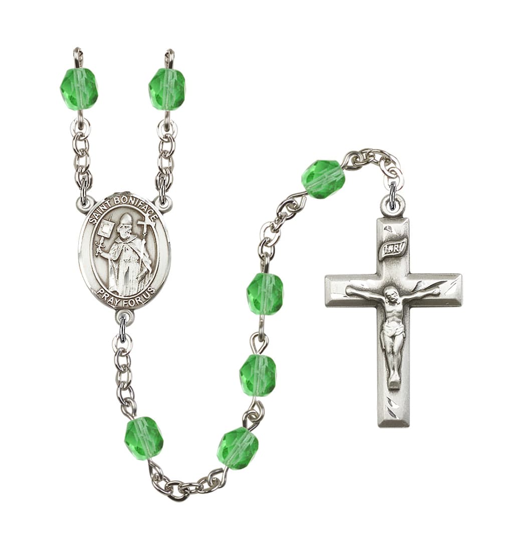 Bliss St Boniface Birthstone August-Peridot Fire Polished Silver-Plated Rosary,
