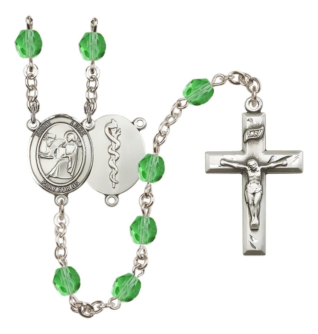 Bliss Silver Plated 6mm Fire Polished Saint Luke the Apostle / Doctor Rosary in Peridot,