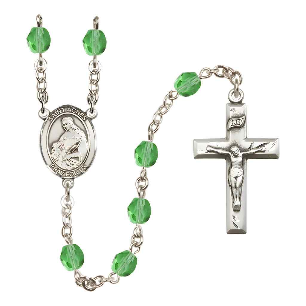 St. Agnes of Rome Rosary with Pewter Small Crucifix and Centerpiece, Birthstone 6mm Fire Polished Peridot Beads for August