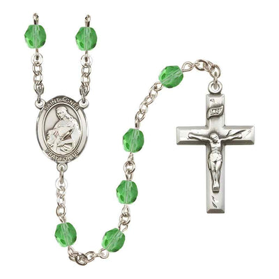 St. Agnes of Rome Rosary with Pewter Small Crucifix and Centerpiece, Birthstone 6mm Fire Polished Peridot Beads for August